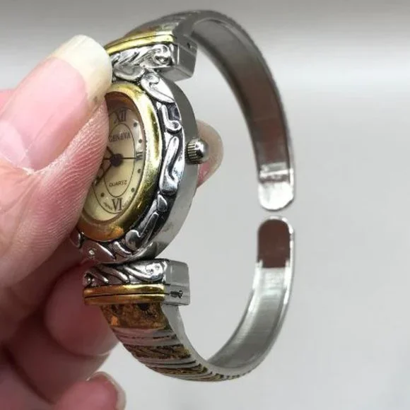 Geneva Silver & Gold-Tone Hinged Cuff Watch - Picture 6 of 7